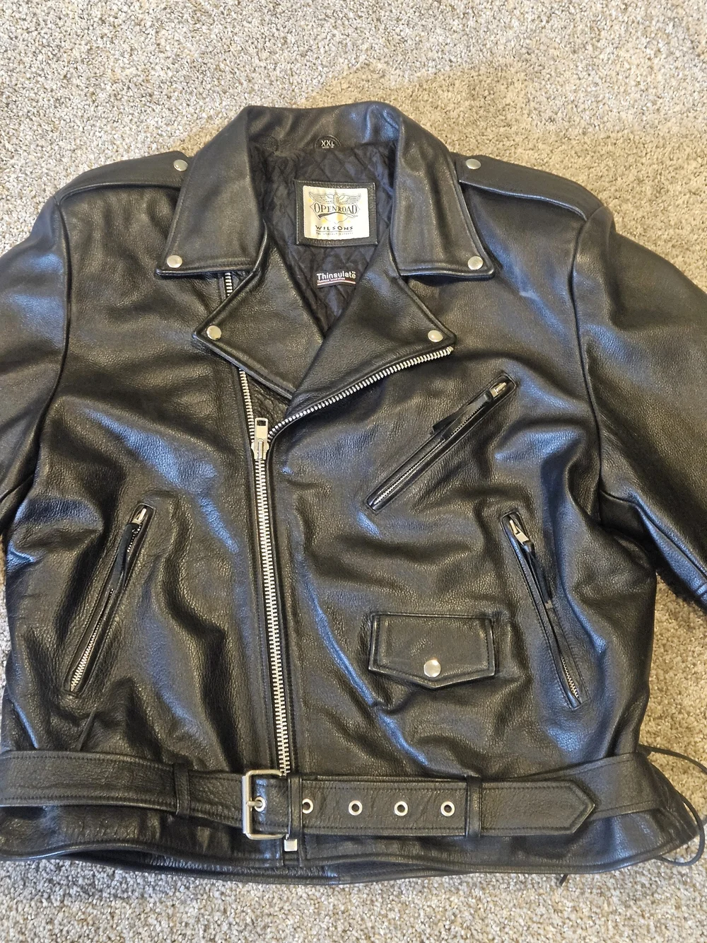 WILSON XXL Open Road Black Leather Belted Motorcycle Jacket Insulated Vintage